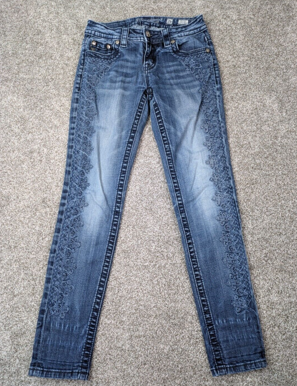 Miss Me Jeans 26 Blue Denim Embroidered Legs Mid Rise Cuffed Skinny Embellished